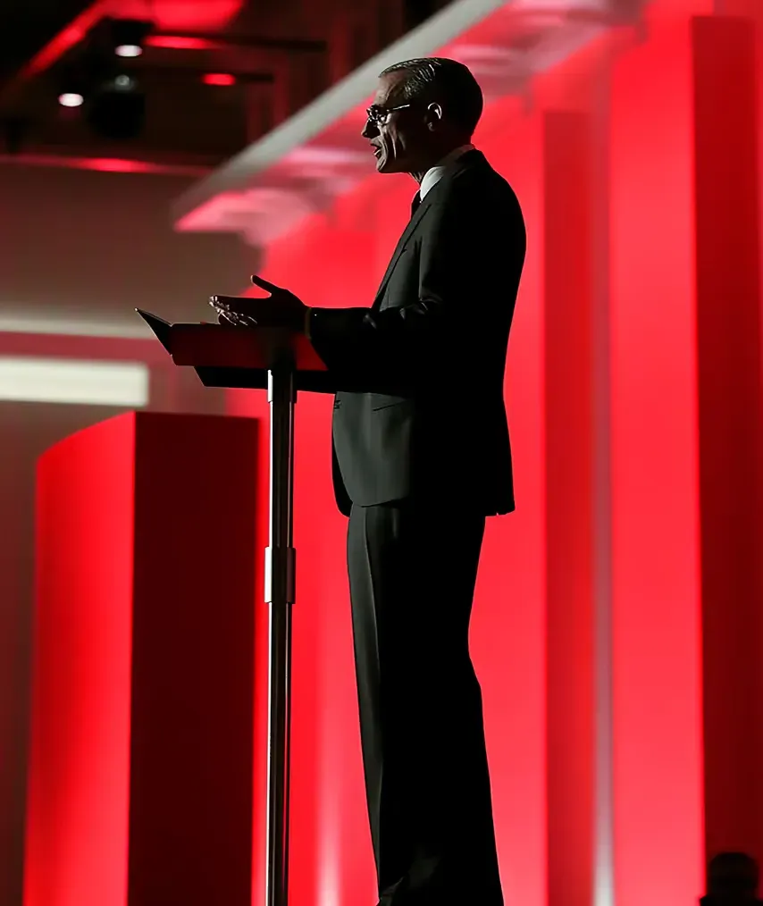 A speaker at a lectern on a red-lit stage